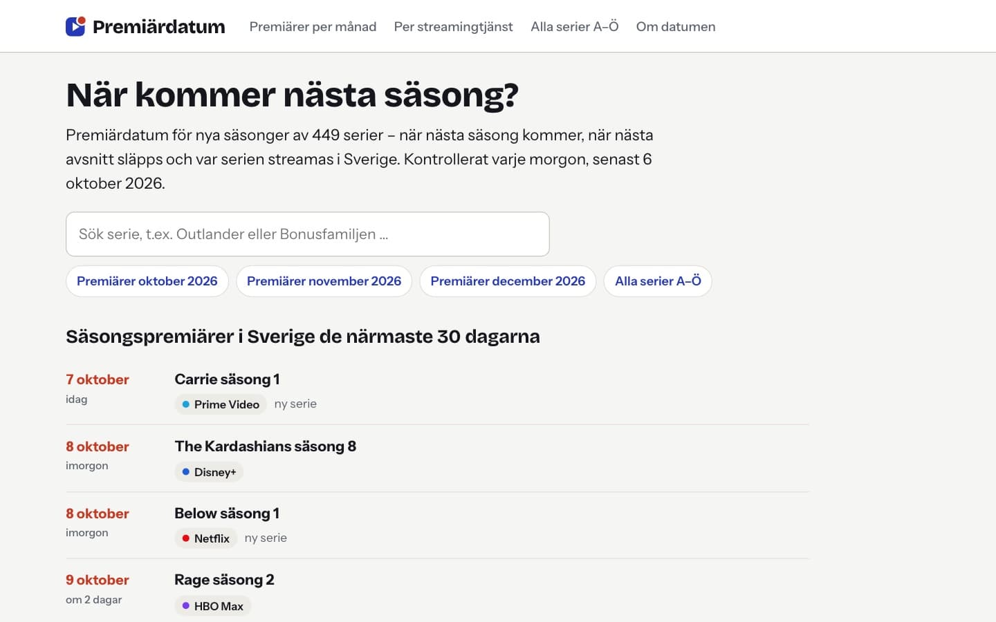 Startsidan på Premiärdatum