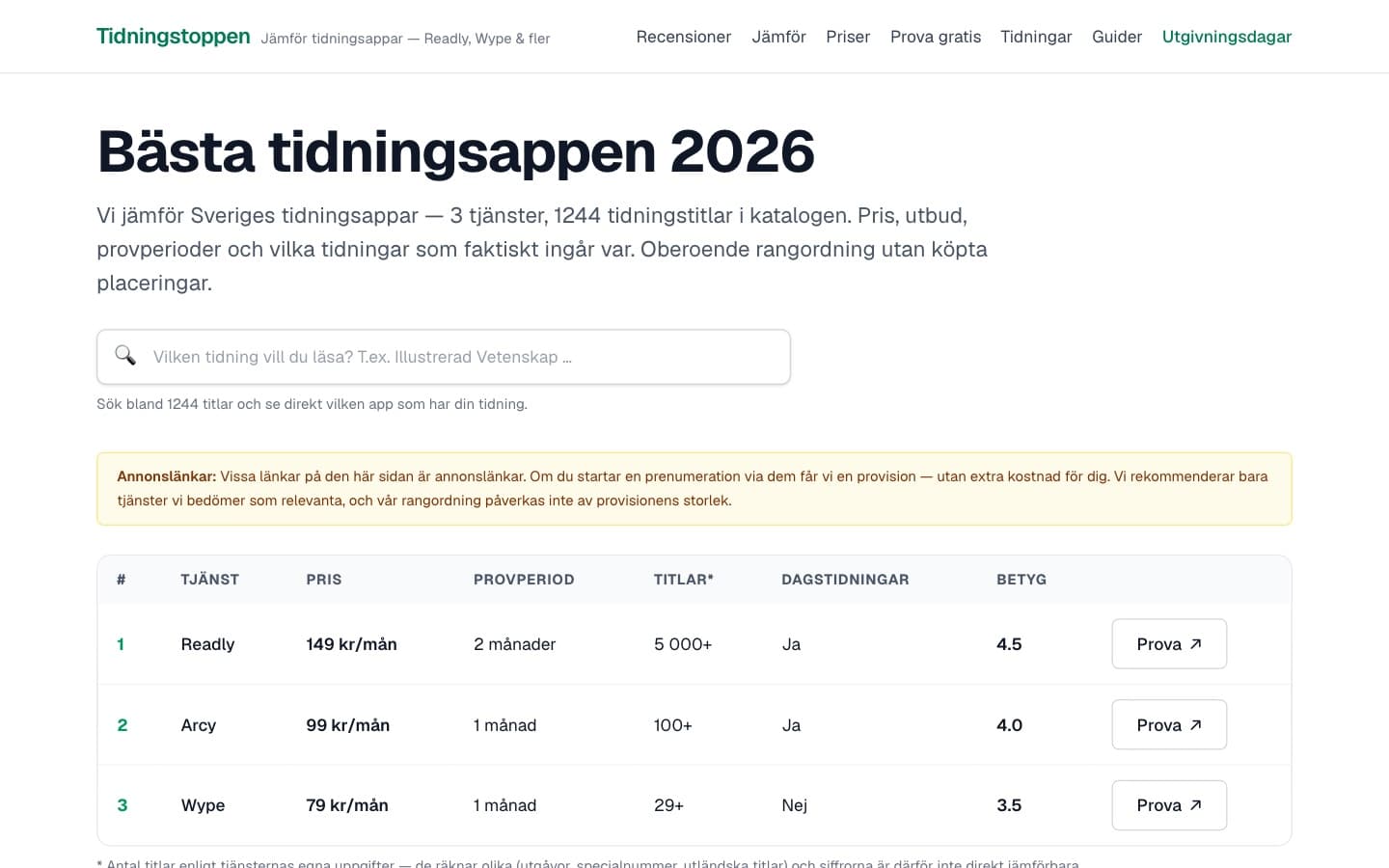 Startsidan på Tidningstoppen